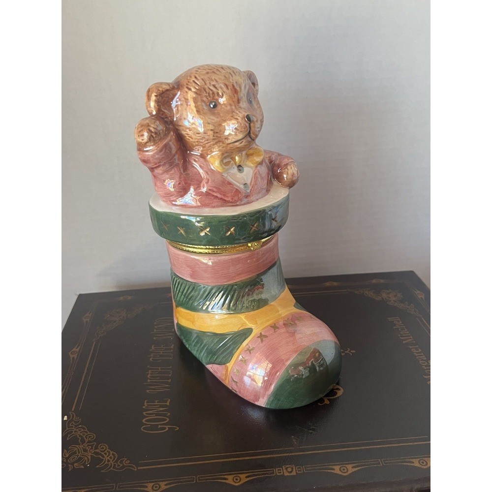 Holiday Collection Teddy Bear In A Christmas‎ Stocking, Ceramic, Hinged, 7.5"